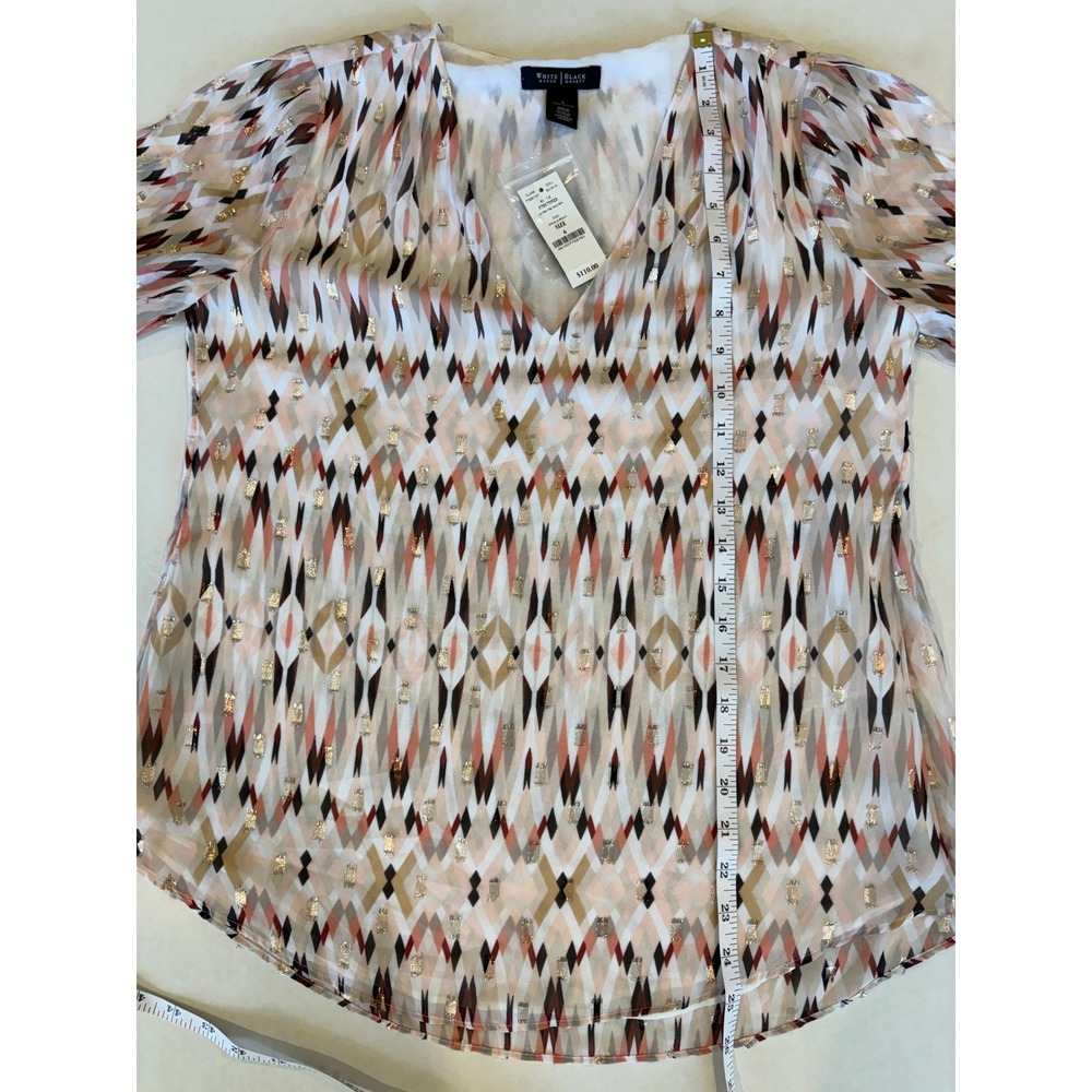 White House Black Market Sheer Metallic Geometric Blouse Size 6 Pink Gold L Boho - Picture 6 of 7